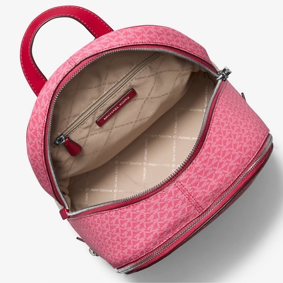 Michael Kors Rhea Medium Color-Block Signature Logo Backpack Dark Rasberry Multi - Picture 10 of 11